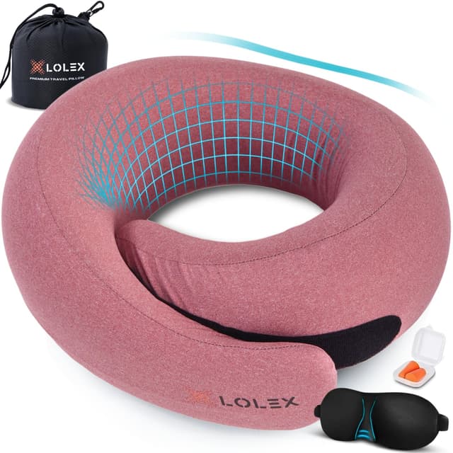 LOLEX™ Classic Travel Pillow, Neck Pillow Travel for Airplane - Super Soft Cationic & Memory Foam Plane Pillow, Lightweight & Easy-to-Carry on Flight, Full Travel Set - Rose Pink