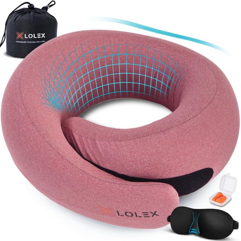 LOLEX™ Classic Travel Pillow, Neck Pillow Travel for Airplane - Super Soft Cationic & Memory Foam Plane Pillow, Lightweight & Easy-to-Carry on Flight, Full Travel Set - Rose Pink