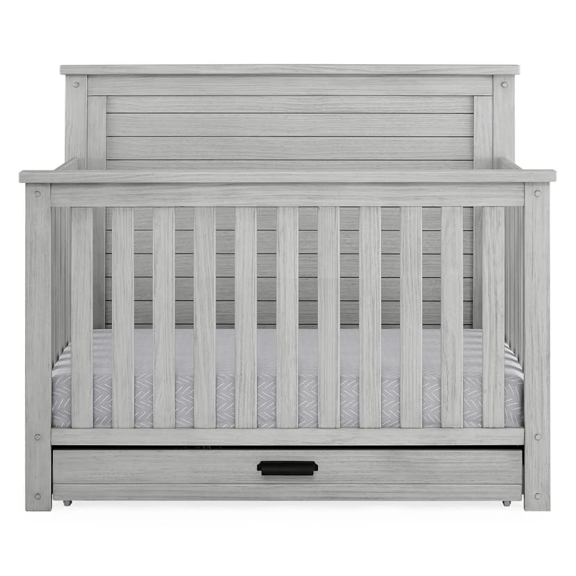 Delta Children Simmons Kids Caden 6-in-1 Convertible Crib with Trundle Drawer, Greenguard Gold Certified, Rustic Mist