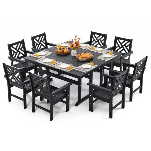 AXMOLM 10 Piece HDPE Outdoor Dining Set for 8, Patio HDPE Furniture Set with 2 Table and Umbrella Hole, Outdoor Table and Chairs for Garden, Poolside, Backyard, Deck