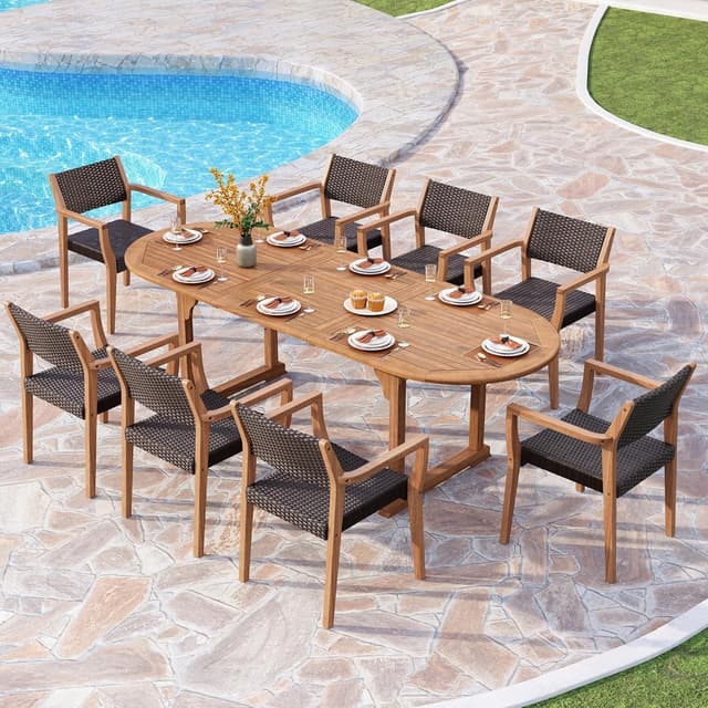 PHI VILLA 9 Pieces Acacia Wood Outdoor Dining Set for 8, Expandable Teak Wooden Table & Chairs, Large Farmhouse Furniture Set for Patio, Deck, Backyard, Porch