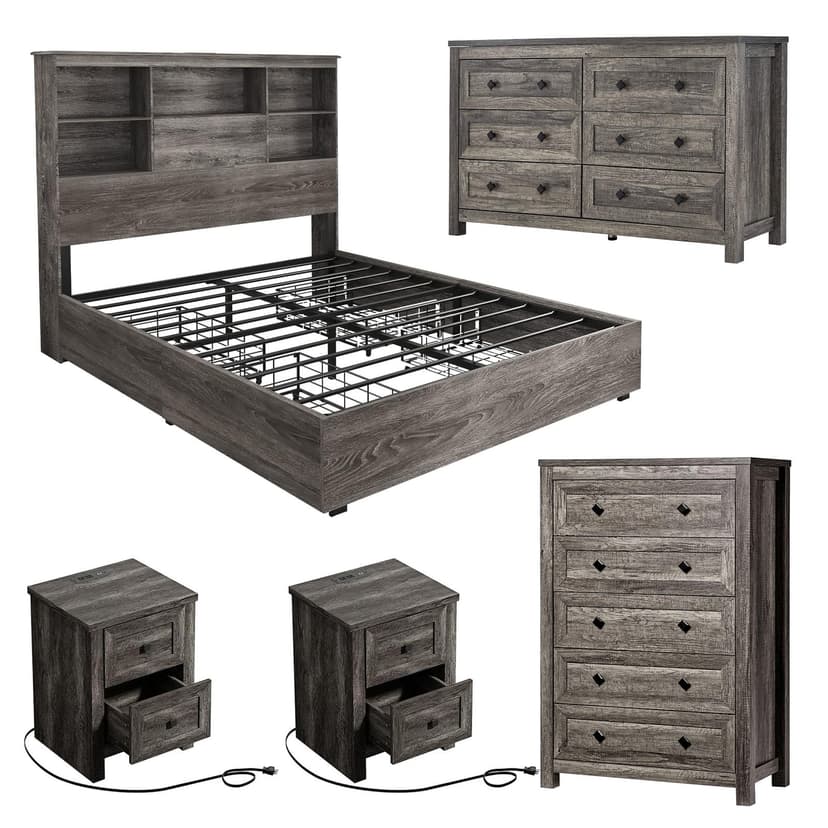 LUXOAK 5-Piece Farmhouse Bedroom Set, 1 X Queen Size Bed Frame, 1 X 5 Drawer Dresser, 1 X Wood Rustic 6 Drawer Storage Dresser, Nightstand Set of 2 with Charging Station, Bedroom Furniture Set, Grey