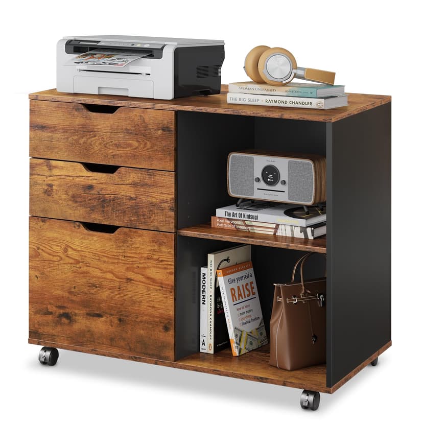 DEVAISE 3-Drawer Wood File Cabinet, Mobile Lateral Filing Cabinet, Printer Stand with Open Storage Shelves for Home Office, Rustic Brown