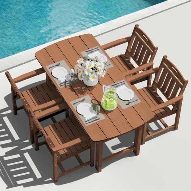 SUUNYN 5-Piece Outdoor Dining Furniture Set with Chairs, All-Weather HDPE Patio Table and 4 Chairs, Umbrella Hole, for Garden Backyard or Deck - Teak