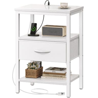 SUPERJARE Nightstand with Charging Station, Bed Side Table with Adjustable Fabric Drawer, Night Stand for Bedroom, 3-Tier Storage End Table, for Living Room, White