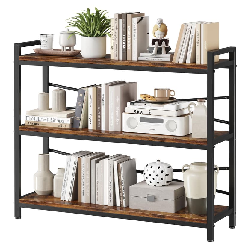 3 Tier Bookshelf 39.37" Width, Long Industrial Bookcase, Vintage Farmhouse Modern Wooden Big Book Shelf for Home Living Room Bedroom Office Storage(Rustic Brown)