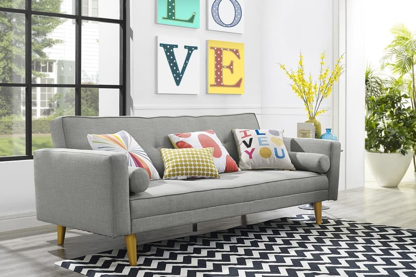 Novogratz 2019427N Vintage Mix Sofa Futon, Premium Linen Upholstery with Natural Wooden Legs Gold Finish, Gray