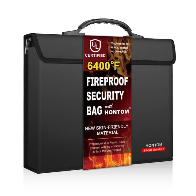 Hontom Fireproof Document Bag with 2 Pockets, 6400℉ Upgraded Material Fireproof Money Bag with Lid, Travel Home Fire Safe Storage Cash Pouch for Important Documents