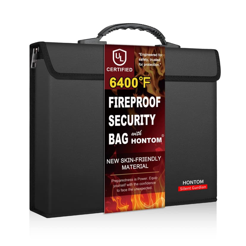 Hontom Fireproof Document Bag with 2 Pockets, 6400℉ Upgraded Material Fireproof Money Bag with Lid, Travel Home Fire Safe Storage Cash Pouch for Important Documents