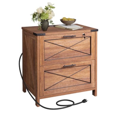 DEVAISE Lateral File Cabinet with Lock, 2 Drawers & Charging Station, Farmhouse Wood Printer Stand with Large Storage, Fits A4/Letter/Legal Hanging Files, Oak