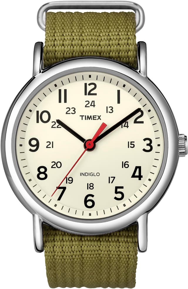 Timex Unisex Weekender 38mm Watch β Silver-Tone Case Cream Dial with Olive Fabric Slip-Thru Strap