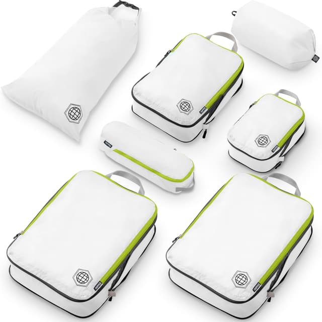 Large Compression Packing Cubes for Travel-Packing Cube Luggage Organizers 7 Piece Set for Checked Luggage-Ultralight, Expandable/Compression Bags by TRIPPED Travel Gear (White/Green)