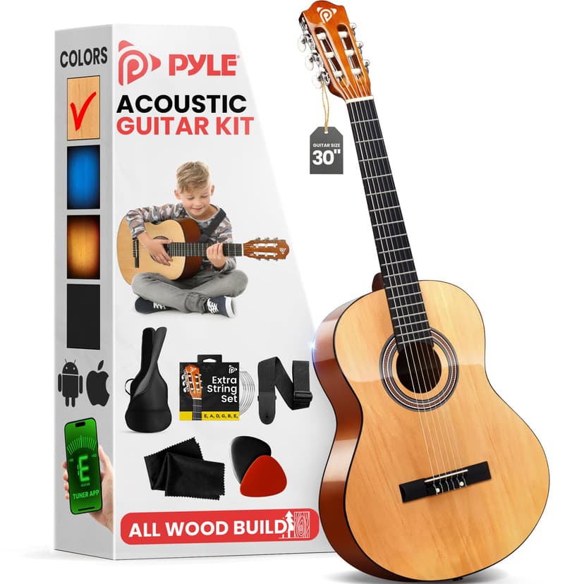 Pyle Beginner 6-String Acoustic Guitar Kit, 1/4 Junior Size Classical Instrument for Students, 30" Natural Gloss