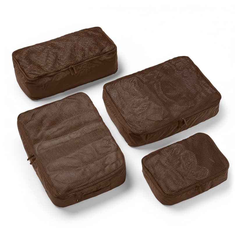July Packing Cells - 4 Set Packing Cubes Luggage Organizer Bags (S, M, 2 x L), Must-Have Suitcase Organizer for Travel, Road Trip & Camping Accessories, Stain-proof, Washable, 3 Sizes - Dark Brown