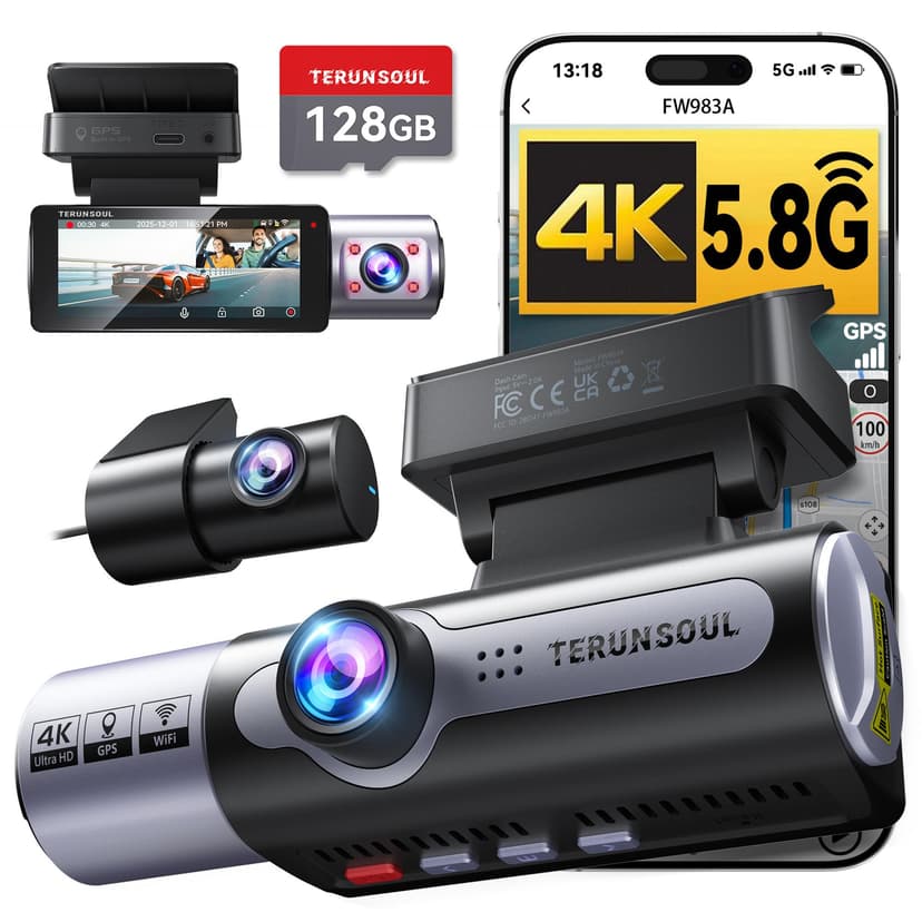 TERUNSOUl 4K+1080P+1080P Dash Cam Front and Rear, 3 Channel Dashcam, Free 128GB Memory Card, Built-in 5.8GHz WiFi Built-in GPS, Collision Sensor, Night Vision, 3.16" IPS, 24H Parking Mode(Black)