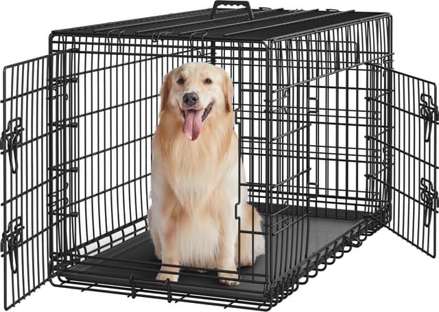 Yaheetech 42 inch Double Door Dog Crate w/Divider for Puppy to Adult XL Collapsible Metal Crate with Removable Tray Wire Dog Kennel for Large Dogs Portable Travel Cage, Black