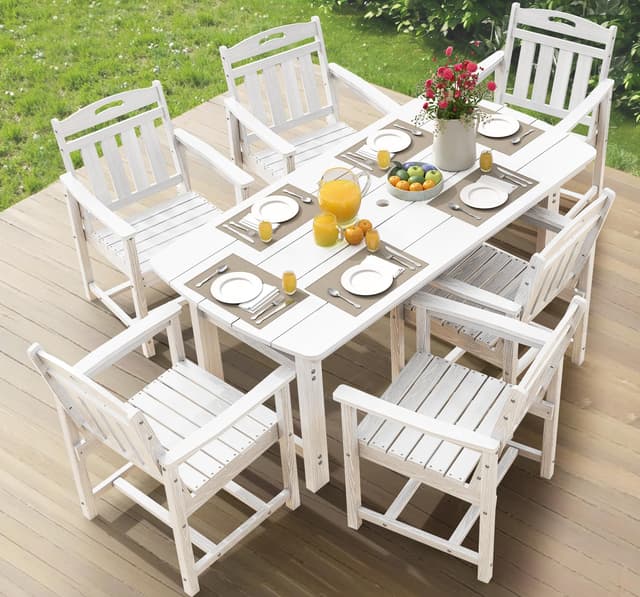 Ciokea HDPE Outdoor Dining Set, 7-Piece Patio Table and Chairs Set with Umbrella Hole, All-Weather Patio Dining Sets for 6, Durable Patio Furniture for Backyard, Garden, Lawn & Poolside, White