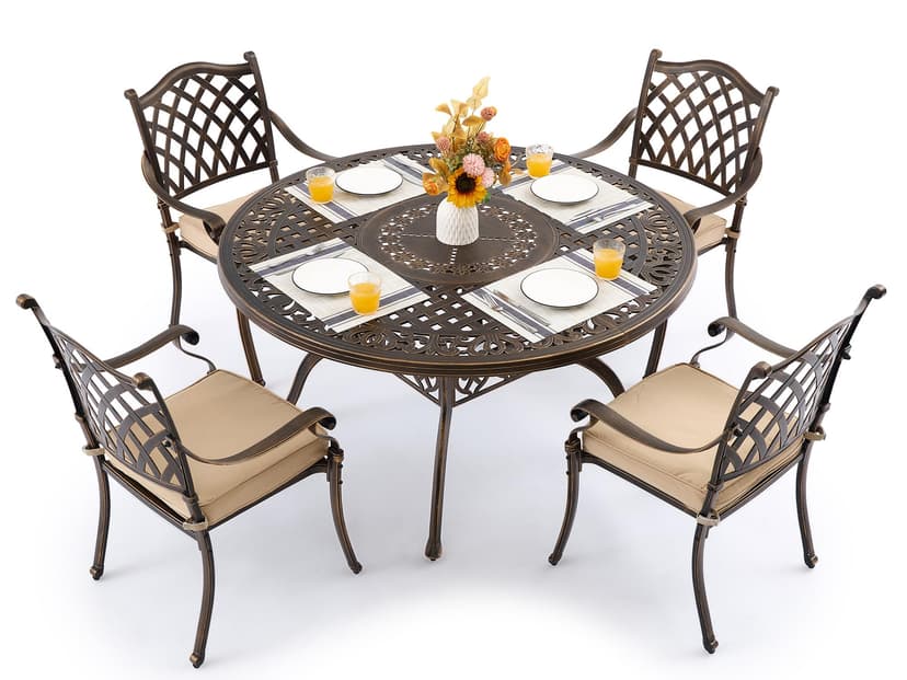 Attliasalon 5 Piece Outdoor Dining Set Cast Aluminum, Retro Patio Dining Furniture Set for 4 Includes 54’’ Round Table 4 Chairs with Thicker Cushion and Umbrella Hole for Patio Deck Garden