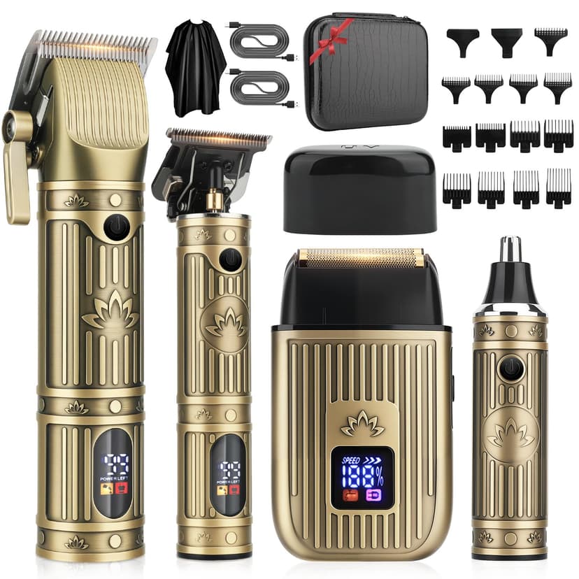Bomxin Hair Clippers for Men Professional, T-Blade Barber Clippers and Trimmer Set, 4 in 1 Mens Cordless Hair Clipper for Barber Kit, Foil Thaver and Nose Trimmer for Men with LED Display Gifts