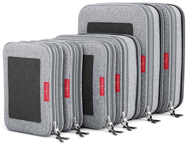 LeanTravel Premium Compression Packing Cubes for Travel - Suitcase Organizer Bags with Double Zipper & Breathable Mesh Panel - Space Saving Carry On Luggage Essentials (6-Pack, Grey)