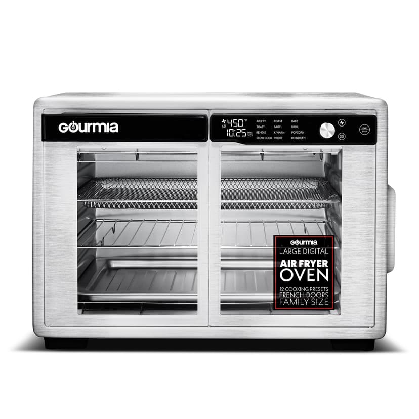 Gourmia French Door Air Fryer Oven - 37 Qt Large Capacity Convection Toaster Oven, FryForce 360°, Digital Display, 12 Cooking Presets, Dehydrate, Fits 13” Pizza, Dishwasher-Safe, Stainless Steel