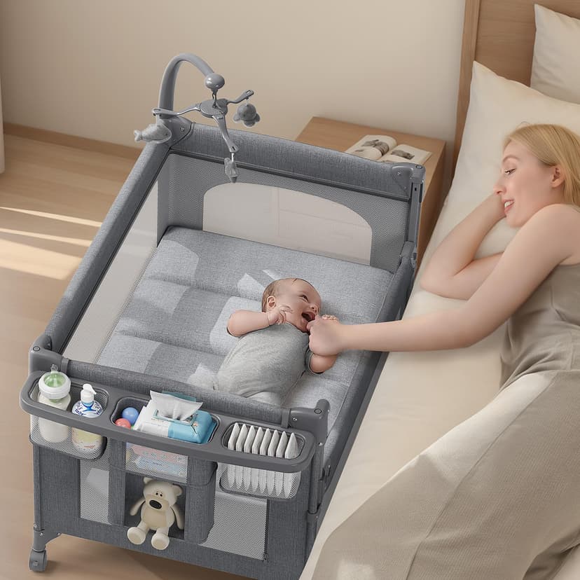 TinyGlow 4 in 1 Baby Bassinet, Pack and Play, Bedside Crib Sleeper, Diaper Changer, Quickly Assembled and Folded Portable Crib with Mattress and Mosquito Net, Easy to Carry