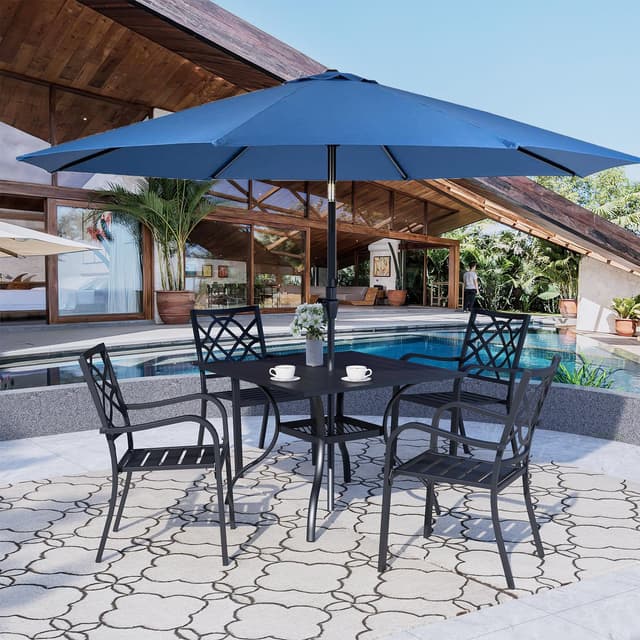 Crownland 5 Piece Outdoor Dining Set, Patio Metal Dining Sets, 4 Stackable Metal Chairs and Square Outdoor Dining Table with Dark Blue 9FT Round Outdoor Umbrella, for Backyard, Garden (Classic Black)