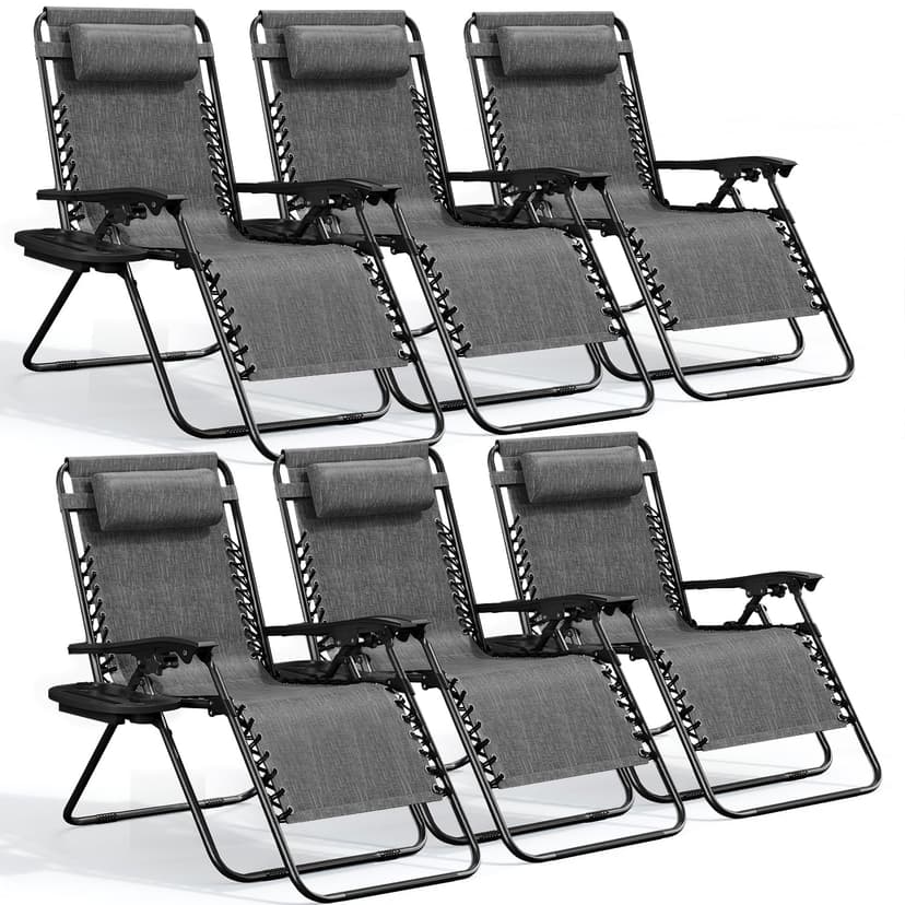 Nestl Zero Gravity Chairs Set of 6, Patio Lounge Chair Outdoor with Pillows & Cup Holder Trays, Adjustable Steel Mesh Reclining Camping Chair, Folding Patio Lawn Chair for Deck, Beach, Yard - Grey