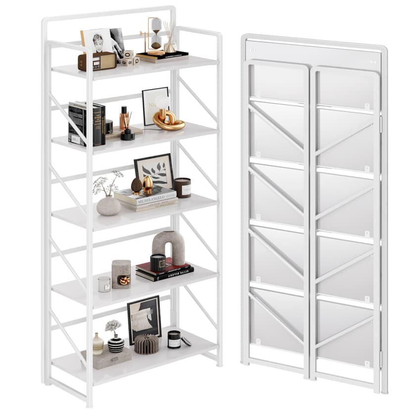 JSB No Assembly Folding Bookshelf, 5 Tier Industrial Metal Book Shelf for Storage, Vintage Wood Foldable Bookcase for Living Room, Bedroom, Office Organization Shelves
