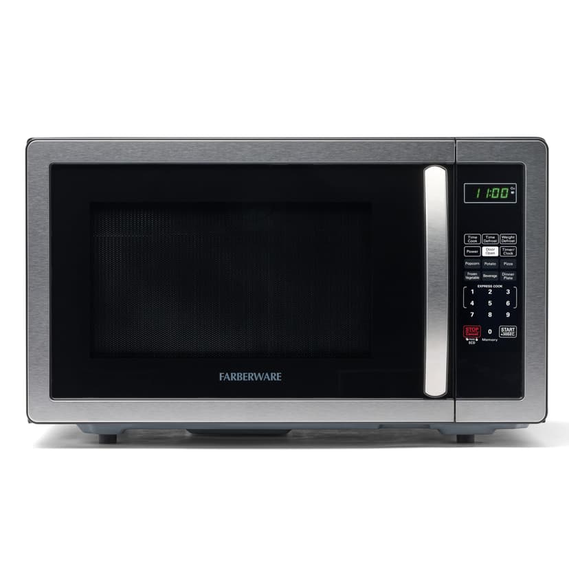 Farberware 1.1 Cu. Ft. Countertop Microwave Oven – 1000 Watts Power, Auto Cook Settings, Defrost, Easy Clean and Child Safety Lock - Stainless