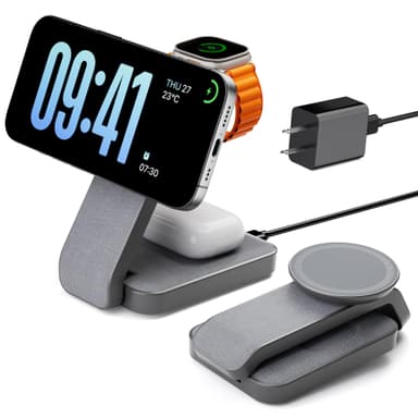 Eazpower 3 in 1 Foldable Wireless Charging Station for MagSafe, Nightstand Magnetic Charger Stand for iPhone 17 16 15 14 Pro Max, Travel Charging Dock with Night Light for Apple Watch/AirPods (Gray)