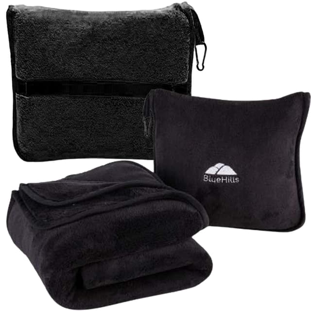 BlueHills Premium Soft Travel Blanket Pillow Airplane Blanket Packed in Soft Bag Pillowcase with Luggage Sleeve Compact Pack Large Traveling Packable Lightweight Gifts Black T008