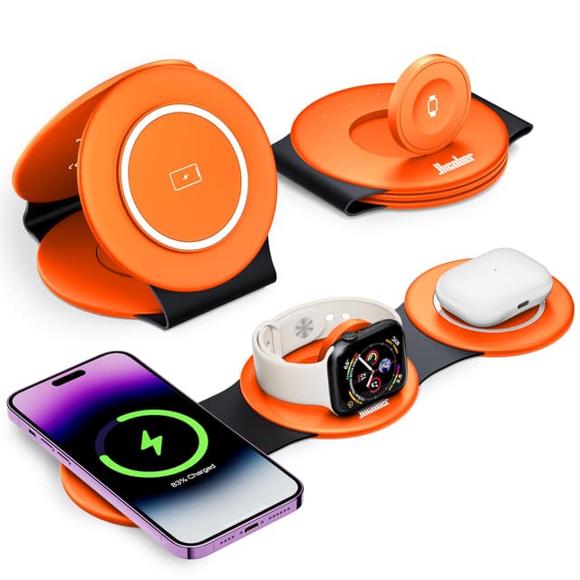 Hicober 3 in 1 Wireless Charging Station for Apple Watch and iPhone Air 17 16 15 14 13 12 Pro Max/Plus, Magnetic Foldable Wireless Travel Charger Station Stand for Airpods iWatch All Series Orange
