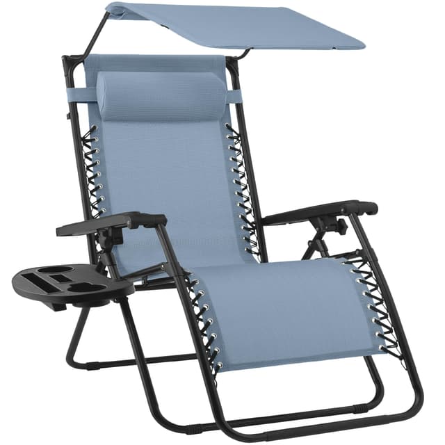 Best Choice Products Folding Zero Gravity Outdoor Recliner Patio Lounge Chair w/Adjustable Canopy Shade, Headrest, Side Accessory Tray, Textilene Mesh - Dusty Blue