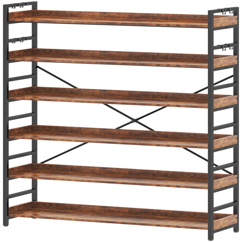 HCHQHS 6 Tier Bookshelf, Adjustable Industrial Bookcase, Vertical Tall Book Shelf, Wood and Black Metal Open Bookshelves for Home Office, Living Room, Bedroom