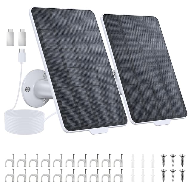 3W Solar Panel for Battery-Powered Security Cameras,USB-C & Micro USB Solar Charger for Wireless Outdoor Cameras,IP65 Waterproof, 9.8ft Cable, 360° Adjustable Mount (White, 2 Pack)