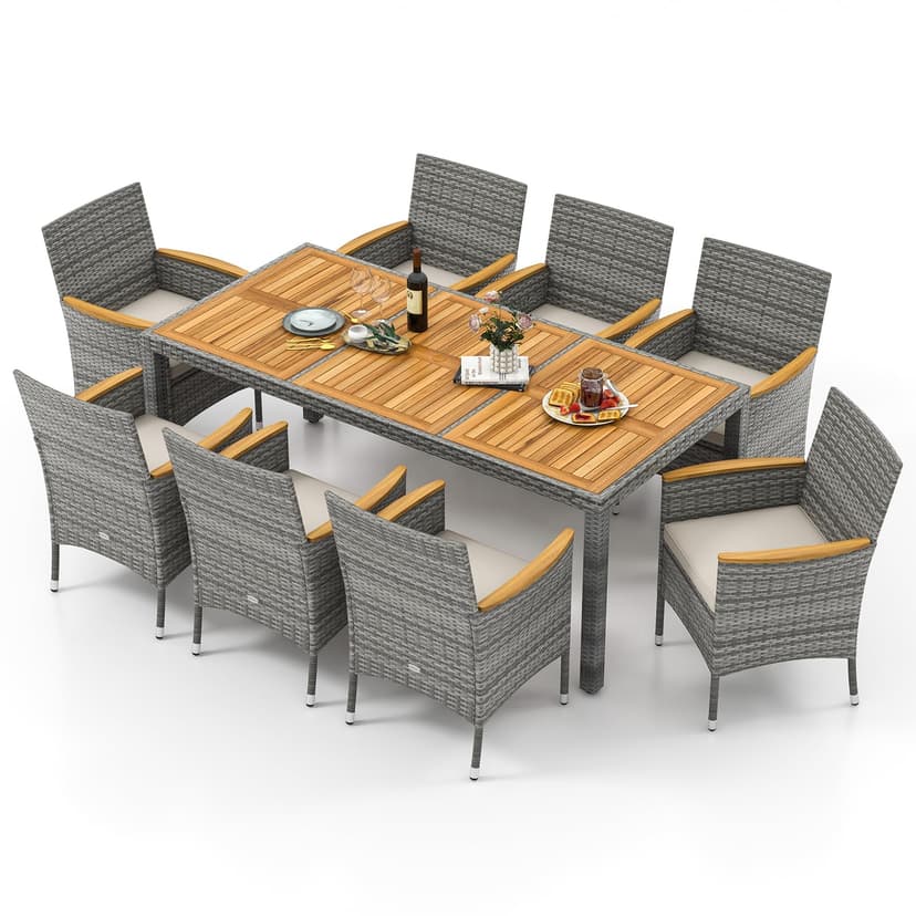 Tangkula 9 Pieces Patio PE Wicker Dining Set, Outdoor Acacia Wood Table and Chairs for 8 with Cushions and 2" Umbrella Hole, Outdoor Dining Furniture Set for Deck, Garden and Yard (Mix Grey+White)