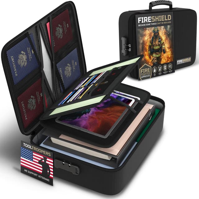 FIRESHIELD PRO 5200°F Fireproof Document Box with Lock – Fire Safe Organizer with Laptop, Tablet & Cards Pockets – Water Resistant, Multi-Pocket Storage for Travel, Home or Office – 15" x 11" x 4.1"