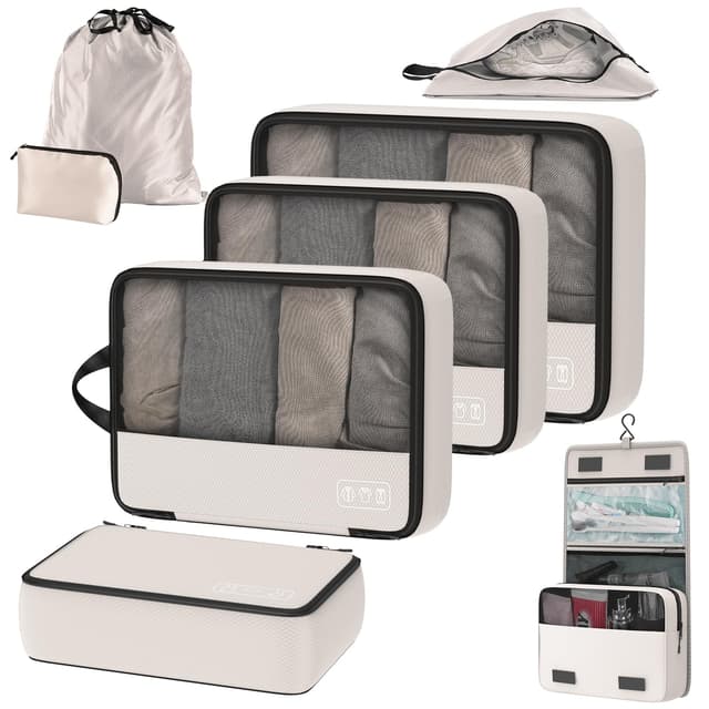 Ultralight 8-Piece Compression Cubes Packing System - Ultimate Versatile Travel Organizer Set Travel Essentials for Women with Clothes Packing Cubes, Toiletry Bag, Shoe Bag and Laundry Bag - Beige