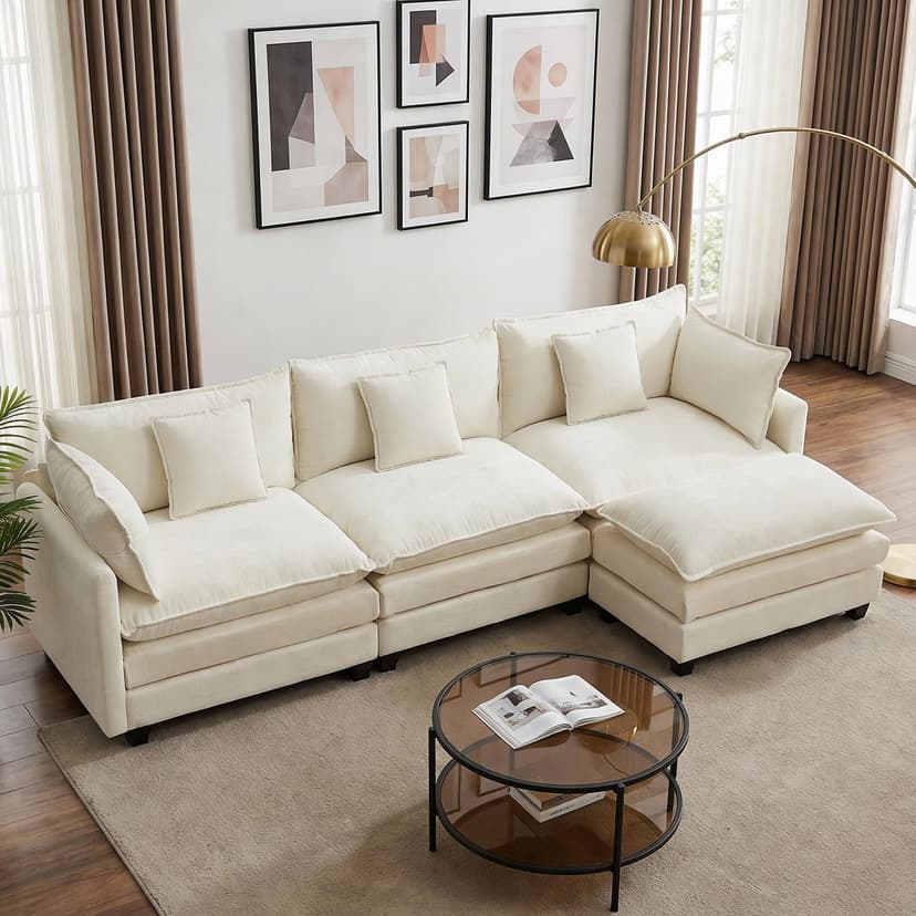 OwgeinSet 113” Modular Sectional Sofa, L Shaped Cloud Couch with Movable Ottoman, Comfy Chenille Deep Seat Sofa with Throw Pillows, 4 Seat Modern Couches for Living Room Bedroom Apartment, Beige