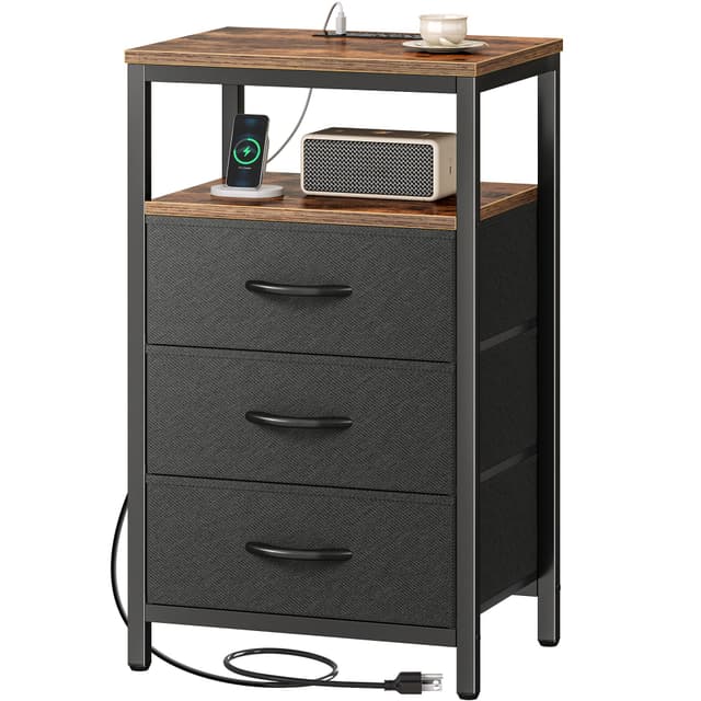 Huuger Nightstand with Charging Station, 27.6 Inch End Table Bedside Table with USB Ports and Outlets, Fabric Drawers, Night Stand for Bedroom, Rustic Brown and Black