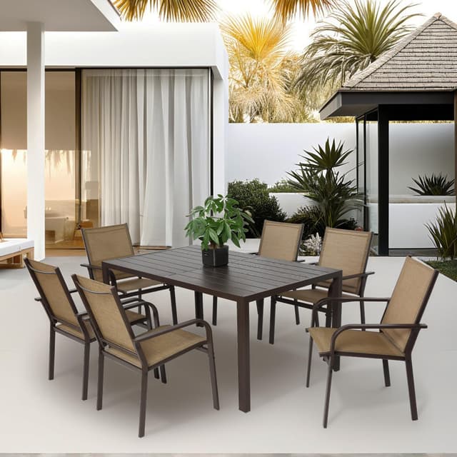 Villeston 7 Piece Patio Dining Set for 6, 6 Stackable Textilene Chairs and 1 Dining Table Outdoor Furniture Set, Brown