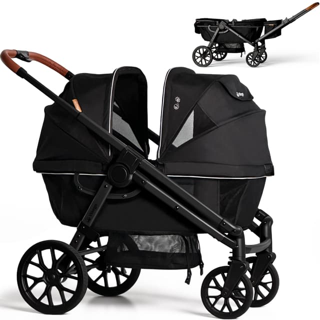 Wagon Stroller for 2 Kids, All-Terrain with Removable UV-Protection Canopy , Adjustable Push/Pull Handle, Snack Tray & Cup Holders, Perfect for Baby and Toddler(Black)