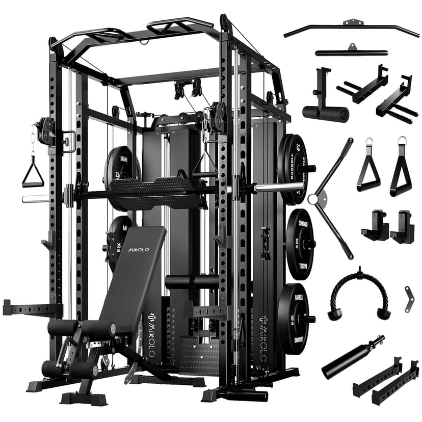 Mikolo Smith Machine with Weight Stack, Power Cage Home Gym System with LAT Pulldown & Cable Crossover, Multi-Functional Trainer with Dual Pulley System, BP 230lbs