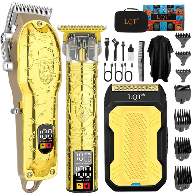 LQT Professional Hair Clipper Set for Men Electric Shaver Razor Cordless Hair Cutting Barber Clippers Beard Trimmer Men’s Grooming Kit Gifts for him (Gold)