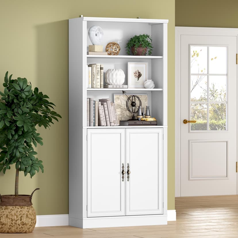BORNOON 70.1" Tall Bookshelf with Cabinet, 5-Tier Floor Standing Bookcase with Doors & Adjustable Shelves, 31.5" Wide Storage Shelf, Metal Handles, Modern Organizer for Home Office, Living Room