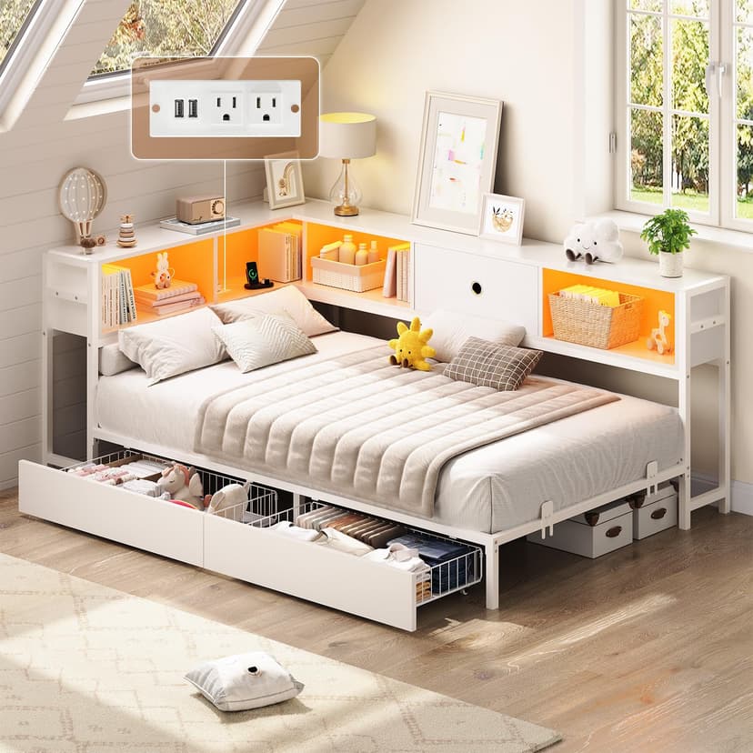 Hasuit Corner Twin Bed Frame with Storage Drawers and Bookcase Headboard, Twin Size Metal Platform Corner Bed Frame with Charging Station and LED Lights, Twin Daybed for Kids Teens Guests, White