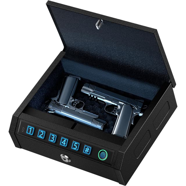 AIRMuch Biometric Gun Safe for Handgun 1s Quick Access 3-Ways Unlock Fingerprint Digital Pin Key Unlock Pistol Safe with LED Light, Carbon Steel Gun Safes Lock Box for Home Nightstand Bedside Car