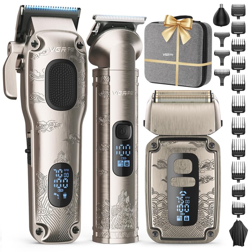 Hair Clipper & Trimmer Set for Men Professional, Waterproof Electric Razor Foil Shaver for Men Face Beard, Cordless for Hair Cutting, 4-Speed Setting, LED Battery Display, Barber or Home Use (Silver)