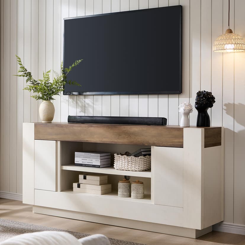 OKD Modern 70" TV Stand, Entertainment Center for TVs Up to 80", Media Console with Large Open Storage & Side Cabinets, Thick Wood Design for Living Room, Antique White